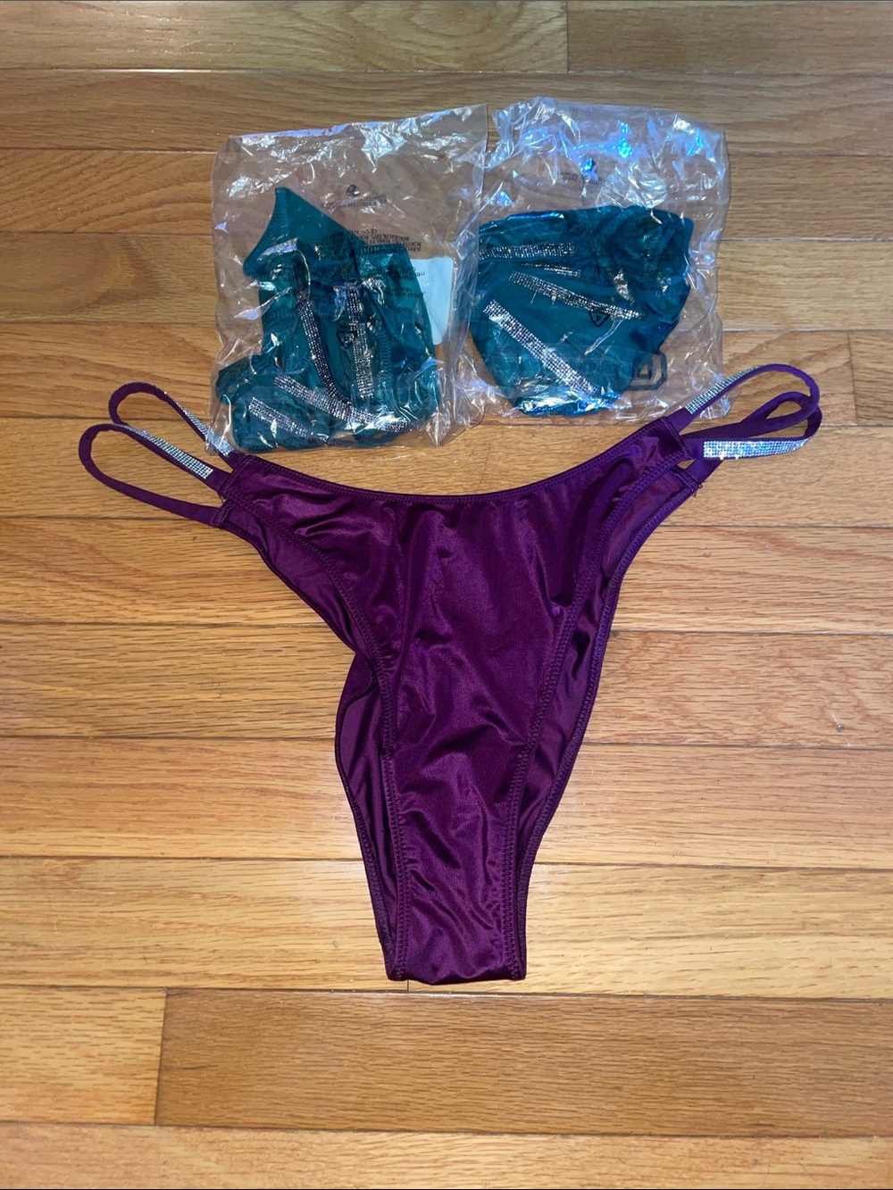 Victoria's Secret Purple, and two Green Satin Brazilians with Rhinestone Straps